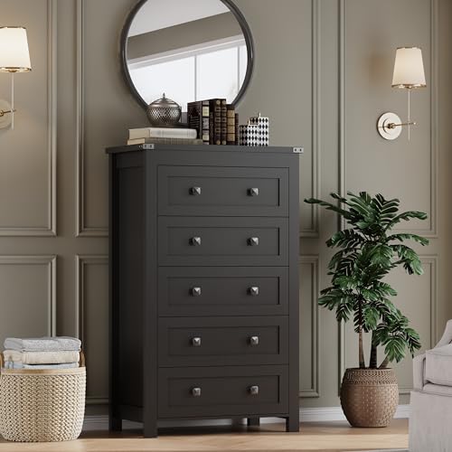 Image of BORNOON Tall 5-Drawer Dresser, Modern Wooden Storage Chest of Drawers, Dresser TV Stand, Wood Drawer Organizer with Metal Handles for Bedroom, Living Room, Hallway