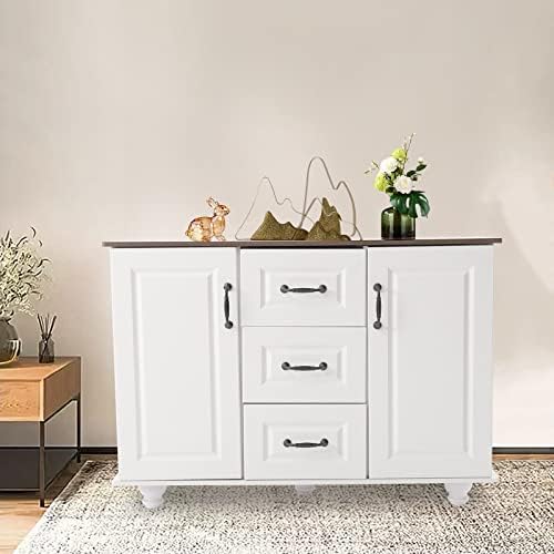 YINZINR 3 Drawers Sideboard Cupboard, 2 Door Coffee Bar Cabinet, Freestanding Cupboard Cabinet White 29in