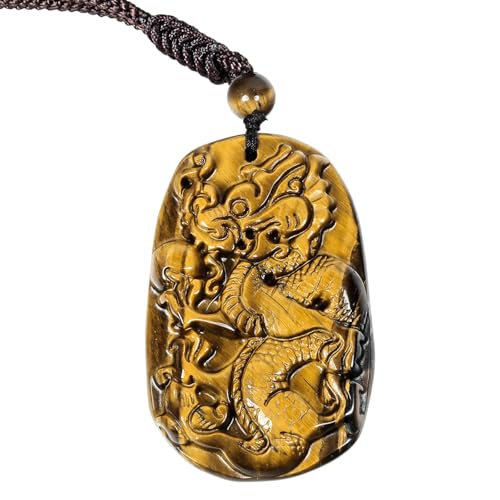 TUMBEELLUWA Crystal Dragon Pendant Spirit Animal Totem Necklace Spiritual Protection Jewelry Gift for Men Women, Tiger's Eye Stone