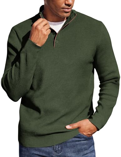 COOFANDY Men's Quarter Button Sweater Mock Neck Textured Knitted Pullover