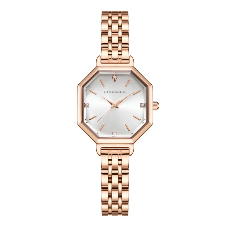 Giordano Analog Quartz Watch for Women with Octagonal Gloss Dial, Crystal-Studded Case, Water Resistant and Rose Gold Stainless Steel Strap – GZ-60113