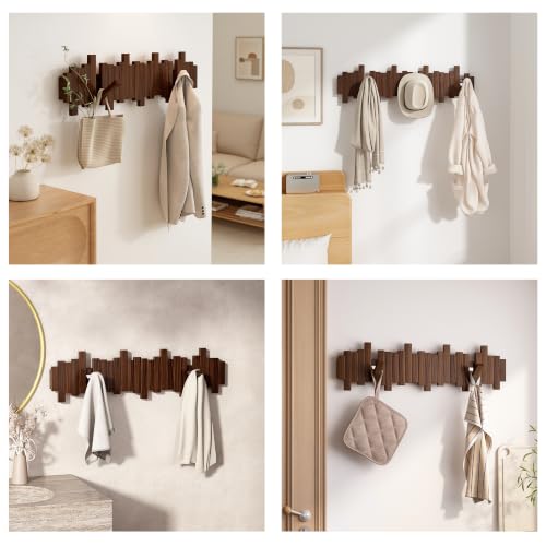 EcobooLife Wooden Piano Coat Rack Wall Mounted, Coat Hooks Hanger Wall Mount with 8 Hooks, Flip-Down Natural Coat Rack for Hanging Keys/Bags, Space Saving Home Hangers, Walnut - image 4