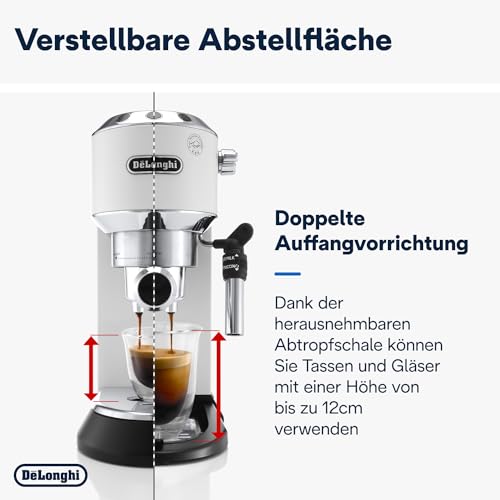 Foto von De'Longhi Dedica Style EC 685.W Espresso Siebträgermaschine, Espressomaschine mit Professioneller Milchschaumdüse, nur 15 cm breit, 1 Liter Wassertank, Vollmetallgehäuse, für E.S.E Pads geeignet, Weiß