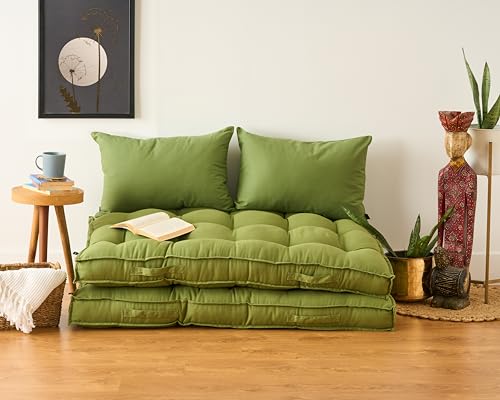 Image of SKANDA FAB Low Seating Cushion -100% Cotton Twill, Hand-Plotted Microfiber Filling, Floor Cushion with 2 Back Support Cushions - Ideal for Living Room, Balcony, Lounge- 80x120 Light Green (Pack of 2)