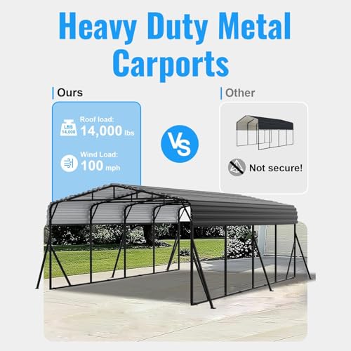 Image of 20X20FT Heavy Duty Carport, Metal Carport with Reinforced Frame & Side Support Poles for All-Weather, Large Outdoor Car Port Suitable for Parking Pickup, Boat, Car, and Tractor