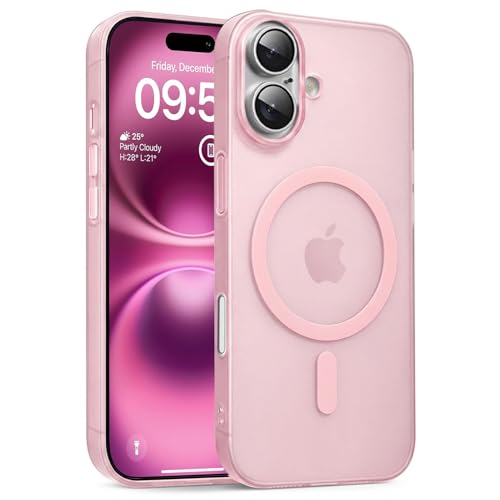 Image of DIZORO Matte Case for iPhone 16 Compatible with MagSafe, Camera Lens Full Protection, Shockproof Translucent Frosted TPU Soft Phone Cover, Anti-Fingerprint (Pink)