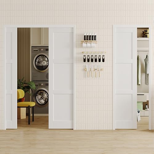 Image of Sliding Pocket Door, 48 inch(2 x 24) x 80 inch, 3-Panel Core with Frame and Hardware Kit Set, Interior Doors for Pocket Door, White Primed - No Panel Assembly Required