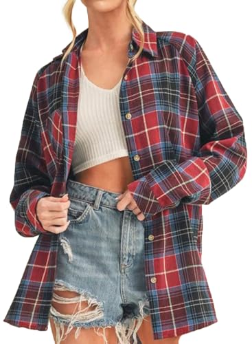 CHYRII Womens Oversized Flannel Shirts Button Down Long Sleeve Plaid Shirt Business Casual Blouse...