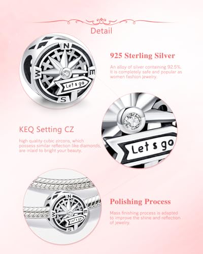 KEQ LET'S GO Travel Compass Charm Fit for Pandora Moment Bracelets 925 Sterling Silver Adventures Backpack Airplane Bead Charm Gift for Women 5