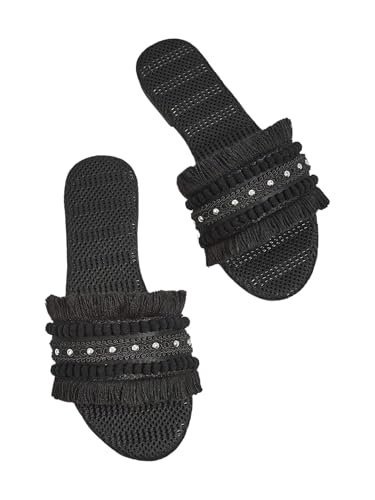 Image of OYOANGLE Women's Fringe Straw Sandals Crochet Open Toe Single Band Flat Slip On Sandals
