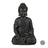Relaxdays Buddha Figur sitzend 18cm, Dekofigur für Wohnzimmer und Bad, feuchtigkeitsresistent, Kunststein, dunkelgrau