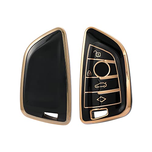 Image of Keyzone TPU car Key Cover Compatible for BMW X1, X3, X6, X5, 5 Series, 6 Series, 7 Series 4 Button smart Key (Type2) (Gold Black)