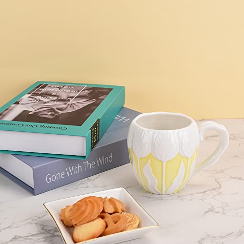 Koythin Ceramic Coffee Mug, Cute Creative Embossed Tulip Cup Unique Design For Office And Home, Dishwasher And Microwave Safe, 13.5Oz/400Ml For Latte Tea Milk (Lemon Yellow) #TOP5