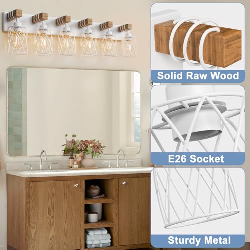 Image of IZORRO Farmhouse Bathroom Vanity Light, 6-Light Wood Bathroom Light Fixtures Over Mirror, Matte White Industrial Vanity Lights with Metal Shade, Rustic Restroom Lighting Fixtures