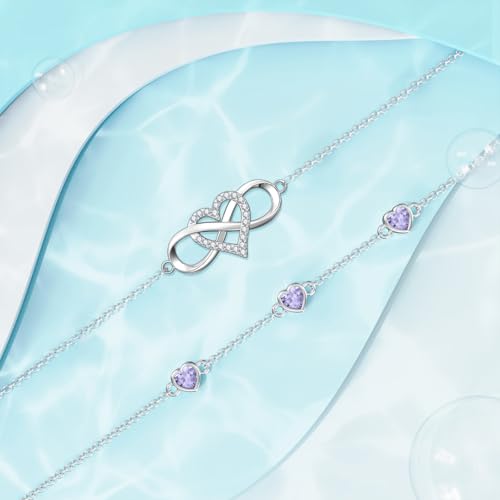 Image of Dorunmo 925 Sterling Silver Infinity Heart Birthstone Anklet Bracelets for Women Best Mother's Day Birthday Jewelry for Wife Girlfriend Mom Her