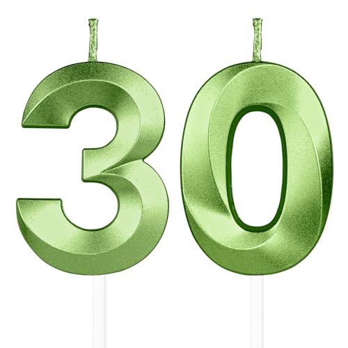 Yiran 3D Birthday Candles, Green Number 30th Candle, Boys Girls Men Women Cake Topper Birthday 30 Year Old Party Wedding Anniversary Celebration Supplies