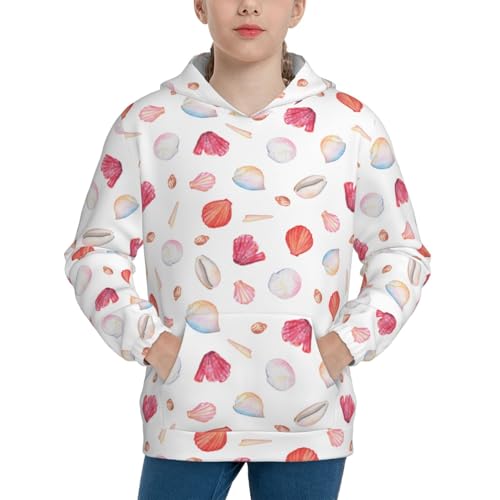 Red coral and scallop seashell Kids Pullover Hoodies Boys Sweatshirts Girls Athletic Clothes with Pocket