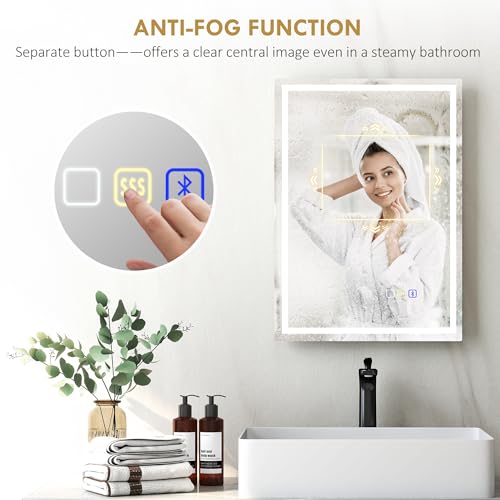 HOMCOM 500 x 700 mm Bluetooth LED Bathroom Mirror, Illuminated Backlit Vanity Mirror with 3 Colours Dimmable, Anti-Fog, Memory Function, Touch Sensor, IP44 - Image 6