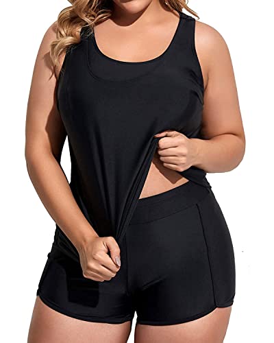 Image of Holipick Women Plus Size Swimsuits - Athletic 3 Piece Tankini with Shorts | Sports bikini top, high waist shorts, tank top, removable pads. Athletic style for water activties