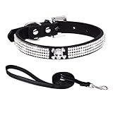 HDKUW 1個 ペット スカル ラインストーン 犬の首輪、フルスパークリング クリスタル ダイヤモンド スタッズ PU レザー 美しいキラキラ ペット 外観 小型犬、中型犬用 黒(リーシュ) 首周り27.9 cm-33.0 cm