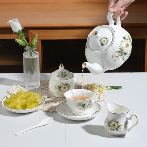 Sweejar Porcelain Tea Set Vintage Floral, British Relief Gold Rim Teapot Cup and Saucer Sets, 22-Piece Tea Sets for Adults, with Teapot, Sugar Bowl, Milk Jug, Spoons, Cup and Saucer (Camellia)