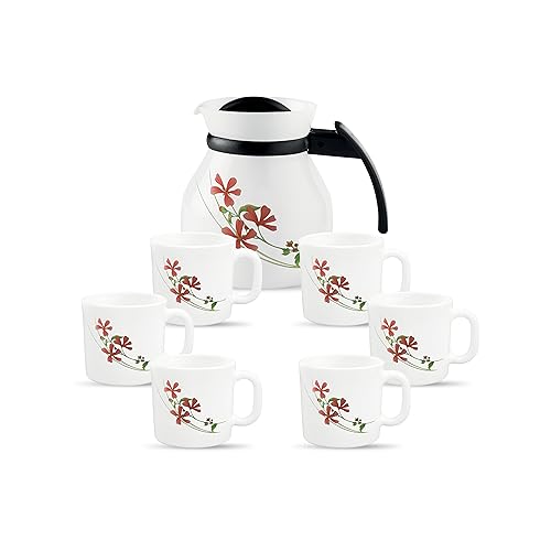 Image of La Opala Novo Collection Opal Glass Crockery | Coffee Set 7 pcs | Coffee Mug with Coffee Pot, Coral Charm | for Tea & Coffee | Microwave Safe | 100% Vegetarian | Extra Strong | Light & White