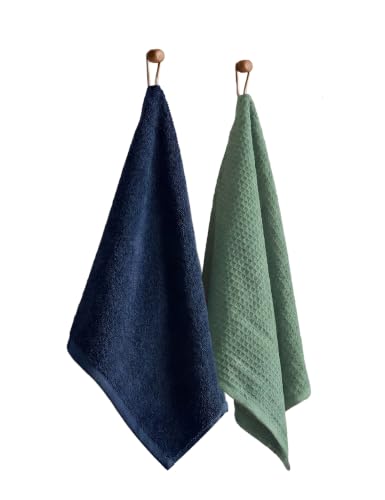 Image of DAMENSCH Unisex Premium Bamboo Blend, Ultra-Soft, Absorbent, Dual Waffle and Terry Texture Waffle Hand Towel - Ocean Blue, Forest Green - Pack of 2