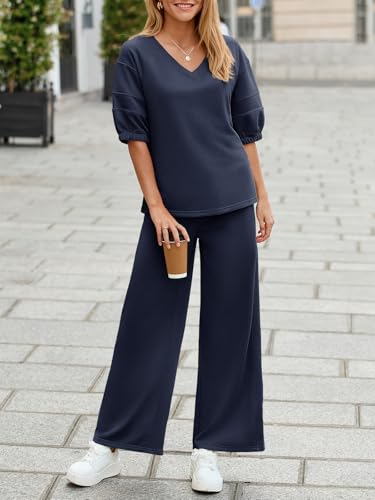 Fisoew Womens 2 Piece Lounge Sets Outfits Sweatsuits V Neck Sweatshirts Tracksuit Wide Leg Pants Fall Matching Sets3