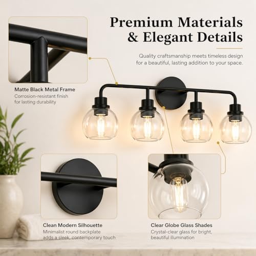 Image of DORESshop Bathroom Light Fixtures, 4-Light Black Vanity Lights Over Mirror, Wall Lamp Clear Glass for Living Room Decor Bedroom Porch Cabinet