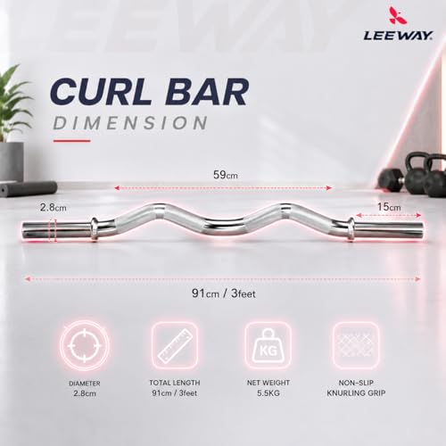 Image of LEEWAY Gym Barbell Rod | Curl Rod 3 Feet | 28mm | Solid Steel Chrome EZ Barbells for Plates | Gym Rod with Lock Collars | Weight Lifting Bar for Home Training | Zig Zag Exercise Bar at Home (3ft Curl)