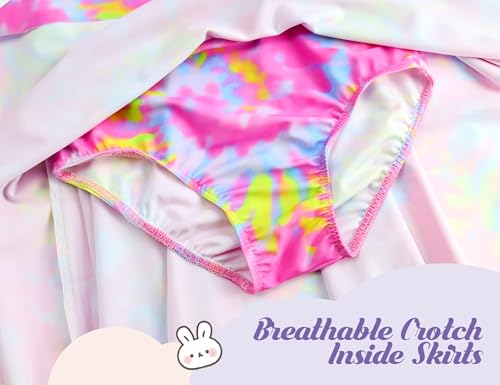 Image of Swimsuits for Teen Girls 10-12 Years Old Rose Yellow Tie Dye Sleeveless Skirted Bathing Suit with Sun Protection