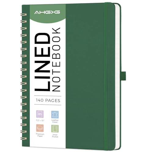 Carnet à spirale ligné 140 pages grand format avec couverture rigide verte
