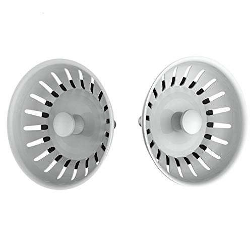 KANARY Stainless Steel Kitchen Sink Strainer Basket-Replacement for Standard Drains-Ball-lock Rubber Stopper (2-pack, White)