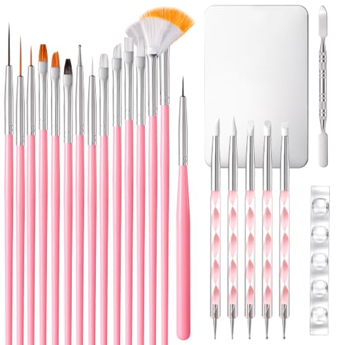 Image of MelodySusie Nail Art Brushes Set, 15 Pcs Pink Nail Brushes, 5 Pcs Dual Tipped Sculpture and Dotting Brushes, Brush Holder, Palette, and Color Mixing Brush, Tools for Manicure Design Home and Salon