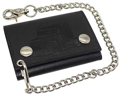 MARSHAL Men's RFID Blocking Trifold Biker Genuine Leather Steel Chain Truck Wallet Snap closure (Truck Blind)