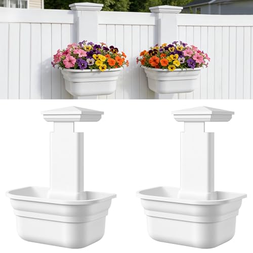 Maixinbuy Hanging Planters for Outdoor Plants - Fence Hanging Planters for PVC Fence Plant Hangers Hanging Plant Flower Pots White with Post Caps for Garden Yard Decor Easy Install - 2 Pack