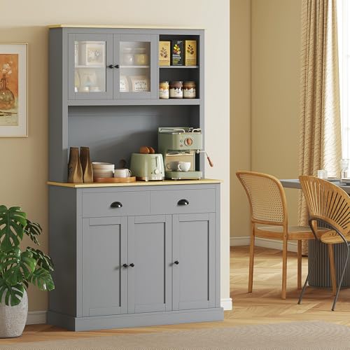 Image of HOMCOM Kitchen Pantry Storage Cabinet with Microwave Stand, 71" Modern Kitchen Hutch with Open Countertop, Glass Doors, Storage Drawers and Adjustable Shelves for Dining Room, Coffee Bar, Gray