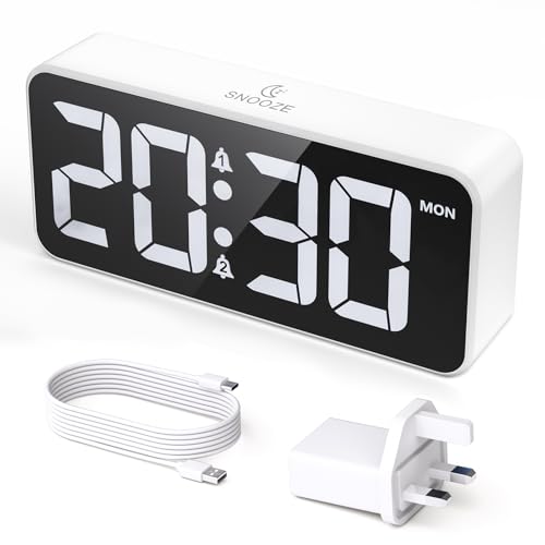 CHEREEKI Alarm Clock Bedside Mains Powered, Digital Clock with Large LED Display, Dual Alarm, Snooze, 10 Ringtones, 3 Alarm Schedule, Adjustable Brightness and Volume, USB Charging Port, 12/24H