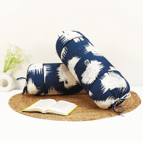 Image of AURAVE Cotton Printed Bolster Cover with Drawstring Closure, Set of 2, Soft Breathable Durable Machine Washable for Sofa Bed & Home Decor, 15 inchx30 inch, Blue | Cover Only