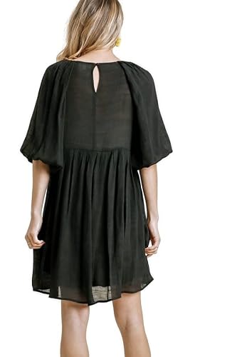 Umgee Usa Women's Floral Embroidered Keyhole Balloon Sleeve Dress (As1, Alpha, S, Regular, Regular, Black, Small) #TOP3