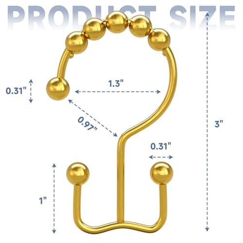 Image of Titanker Shower Curtain Hooks Rings Gold, Metal Double Glide Shower Hooks Rings for Bathroom Shower Rods Curtains, Set of 12 Hooks - Dark Gold