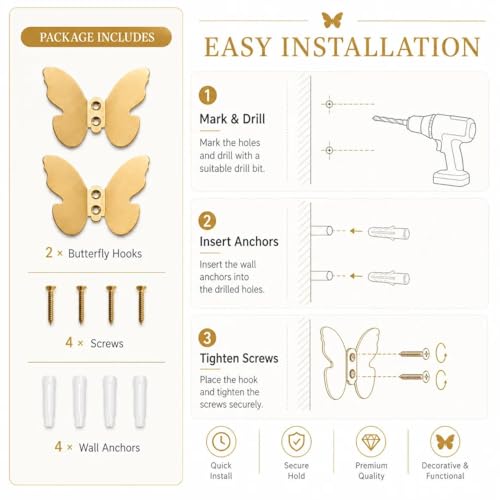Z metnal Wall Hooks Decorative, Small Modern Gold Brass Hook, Butterfly Bath Towel Hook, Coat Hat Robe Hooks for Girl's Bedroom, Stainless Steel, Wall Mounted, 2 pcs by Z metnal - Used condition - Image 6
