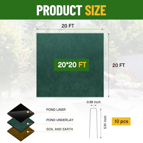 Image of Fanfanwin 20 x 20 ft Pond Liner Underlayment with 10 U-pins, 6oz, Green