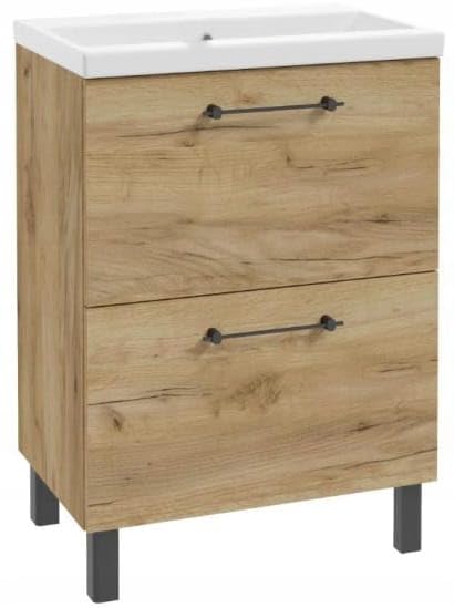 .Deftrans Szafka pod umywalkę 60 x 80 cm z umywalką – szafka łazienkowa dąb Craft, stojąca z 2 szufladami, miękkie zamknięcie, mebel łazienkowy z armaturą umywalkową