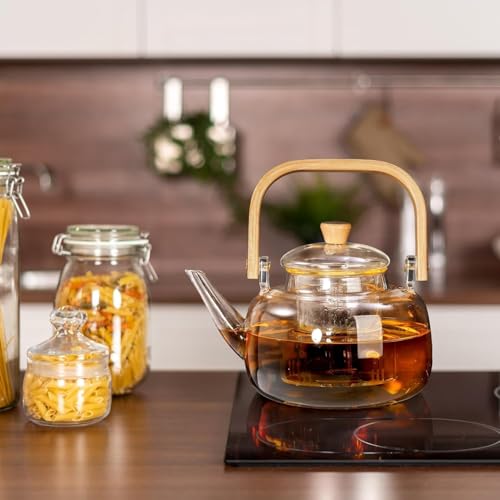 Image of 1000ML Glass Kettle Teapot with Removable Infuser & Lid & Handle, Glass Tea Kettle Stovetop Safe, Great for Loose Leaf Tea, Blooming Tea, Tea Bags & Fruit Infused Water (MV-01)