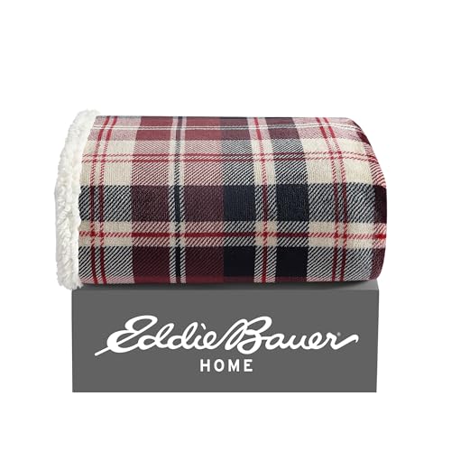 Image of Eddie Bauer - Throw Blanket, Brushed Fleece & Plush Sherpa Bedding, Blanket for Couch & Bed (Trailhead Plaid Red, 50 inch x 60 inch)