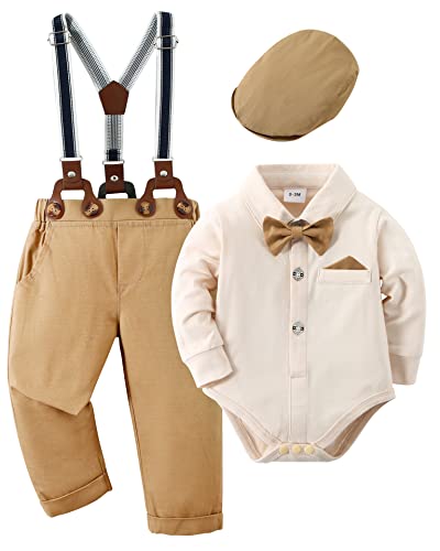 Image of nilikastta Baby Boy Wedding Outfits Infant Baby Boy Clothes Suit Dress Shirts/Suspender Pants/Bowtie/Beret Hat 0-18M