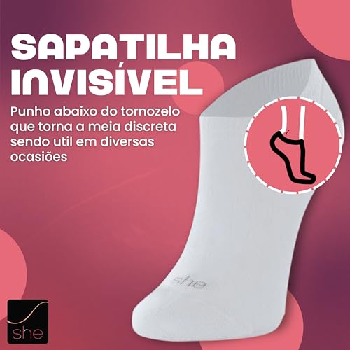 SHE BY MASH Kit 6 Pares Meia Invisível Sapatilha Discreta Academia Feminina Adulto, 2 Brancas - 2 Ci