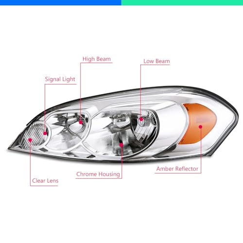 G-PLUS Headlights, Compatible with 2006-2007 Chevy Monte Carlo/2006-2013 Impala/2014-2016 Impala Limited, Passenger Side, Clear lens Chrome Housing Amber Reflector - Thumbnail 6