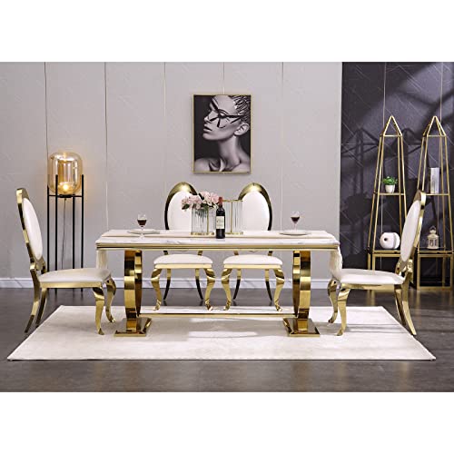 Acedécor Modern Dining Room Table With Gold Stainless Steel Metal U-Base In White Gold #TOP7